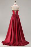 Halter A Line Burgundy Satin Beaded Prom Dress