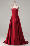 Halter A Line Burgundy Satin Beaded Prom Dress