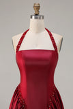 Halter A Line Burgundy Satin Beaded Prom Dress