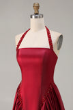 Halter A Line Burgundy Satin Beaded Prom Dress