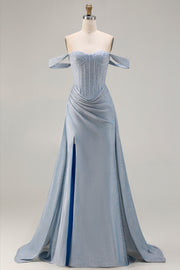 Glitter Off the Shoulder Corset Dusty Blue Prom Dress