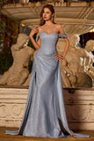 Glitter Dusty Blue Corset Off the Shoulder Long Prom Dress With Slit