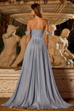 Glitter Dusty Blue Corset Off the Shoulder Long Prom Dress With Slit