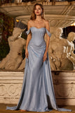 Glitter Dusty Blue Corset Off the Shoulder Long Prom Dress With Slit
