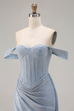 Glitter Off the Shoulder Corset Dusty Blue Prom Dress
