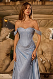 Glitter Dusty Blue Corset Off the Shoulder Long Prom Dress With Slit