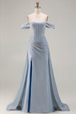 Glitter Off the Shoulder Corset Dusty Blue Prom Dress