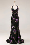 Mermaid Black Velvet Sequin Floral Halter Long Prom Dress with Slit