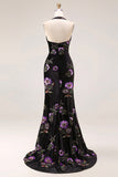 Mermaid Black Velvet Sequin Floral Halter Long Prom Dress with Slit