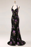Mermaid Black Velvet Sequin Floral Halter Long Prom Dress with Slit