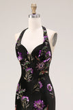 Mermaid Black Velvet Sequin Floral Halter Long Prom Dress with Slit