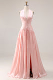 Blush Pink Pleated A Line Halter Long Prom Dress with Slit