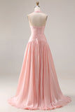 Blush Pink Pleated A Line Halter Long Prom Dress with Slit