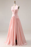 Blush Pink Pleated A Line Halter Long Prom Dress with Slit