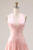 Blush Pink Pleated A Line Halter Long Prom Dress with Slit