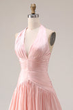 Blush Pink Pleated A Line Halter Long Prom Dress with Slit