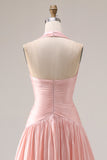 Blush Pink Pleated A Line Halter Long Prom Dress with Slit