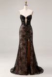 Strapless Rose Black Lace Beaded Corset Mermaid Long Prom Dress