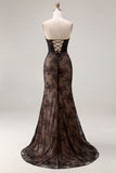 Strapless Rose Black Lace Beaded Corset Mermaid Long Prom Dress