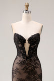 Strapless Rose Black Lace Beaded Corset Mermaid Long Prom Dress