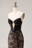 Strapless Rose Black Lace Beaded Corset Mermaid Long Prom Dress