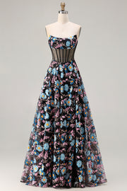 Black Floral Corset A Line Strapless Prom Dress