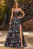 Floral Black Corset A Line Strapless Long Prom Dress With Slit