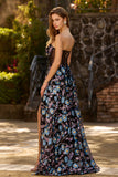 Black Floral Corset A Line Strapless Prom Dress