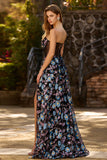 Floral Black Corset A Line Strapless Long Prom Dress With Slit