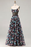 Black Floral Corset A Line Strapless Prom Dress