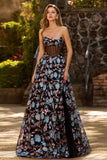 Floral Black Corset A Line Strapless Long Prom Dress With Slit