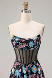 Black Floral Corset A Line Strapless Prom Dress