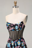 Black Floral Corset A Line Strapless Prom Dress