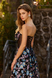Floral Black Corset A Line Strapless Long Prom Dress With Slit