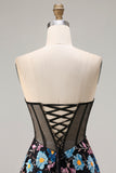 Black Floral Corset A Line Strapless Prom Dress