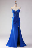 Royal Blue Strapless Mermaid Satin Beaded Long Prom Dress With Slit