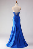 Royal Blue Strapless Mermaid Satin Beaded Long Prom Dress With Slit