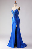 Mermaid Royal Blue Strapless Ruched Long Prom Dress With Slit