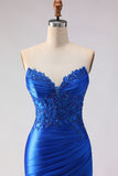 Mermaid Royal Blue Strapless Ruched Long Prom Dress With Slit
