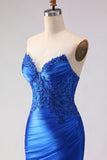 Mermaid Royal Blue Strapless Ruched Long Prom Dress With Slit