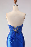 Mermaid Royal Blue Strapless Ruched Long Prom Dress With Slit