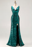 Sparkly Mermaid Peacock Green V Neck Prom Dress