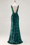 Sparkly Mermaid Peacock Green V Neck Prom Dress