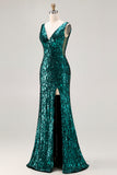 Sparkly Mermaid Peacock Green V Neck Prom Dress