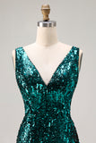 Sparkly Mermaid Peacock Green V Neck Prom Dress