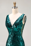 Sparkly Mermaid Peacock Green V Neck Prom Dress