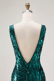 Sparkly Mermaid Peacock Green V Neck Prom Dress