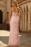 Blush Pink Floral Corset Sheath Plus Size Long Prom Dress