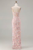 Blush Pink Corset Sheath Appliqued Prom Dress