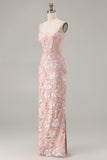 Blush Pink Corset Sheath Appliqued Prom Dress
